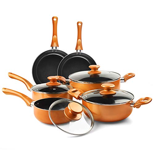 10pcs Cookware Set Non-stick Frying Pans Set Ceramic Coating Soup Pot, Milk Pot, Copper Aluminum Pan with Lid Gas Induction Compatible