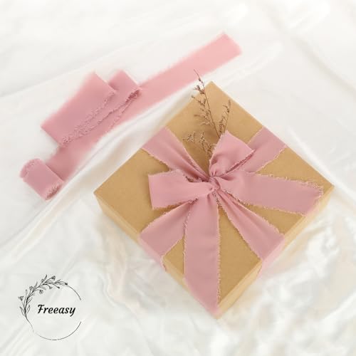 Dusty Rose Chiffon Ribbon 3 Rolls 1.5 inch X 5 Yard Handmade Fringe Silk Chiffon Ribbon Set for Gift Wrapping Wedding Invitations - Image 2