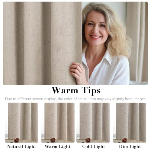 Image of H.VERSAILTEX Linen Curtains 100% Blackout Curtains for Bedroom 90 inch Long Full Light Blocking Nature Linen Blended Window Curtains for Living Room Nickel Grommet (2 Panels, Cobblestone)