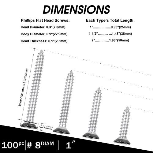 Image of Black Head 100 PCS #8X1 Stainless Steel Phillips Flat Head Wood Screws,Stainless Steel 18-8 A2(304) Screw,Home Screw Kit by QISHENG