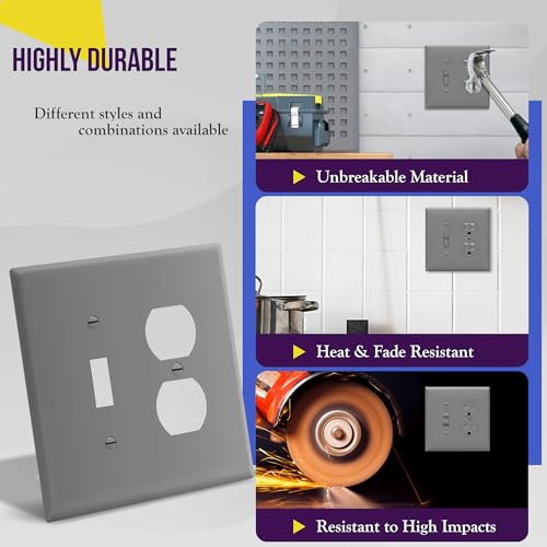 Image of ENERLITES Combination Toggle Light Switch /Duplex Receptacle Outlet Wall Plate, Mid-Size 2-Gang 4.88 inch x 4.92 inch, Polycarbonate Thermoplastic, 881121M-GY, Gray