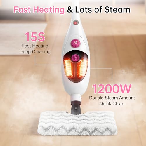 Image of 12-in-1 Steam Mop Cleaner, 15-Sec Fast Heat-Up, 1200W Floor Steamer with Double-Sided Pads, Removes 99.99% Stubborn Stains for Hardwood Floors, Marble, Clothes, Windows, Tiles, White