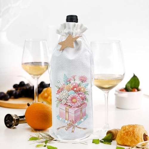 Image of DIY 5D Diamond Painting Gift Wrap, Special Shaped Diamond Art Linen Cover for Champagne Decoration, Christmas Wedding Birthday Party Supplies (Flower Gift)