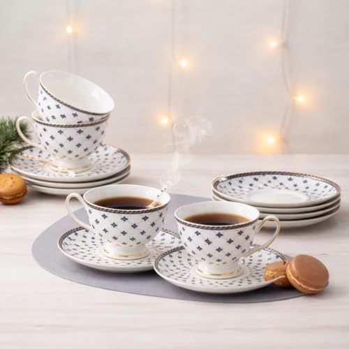 Image of White Cup with Saucer Set of 12 Pcs | Tea /Coffee Cups 180 ml | Microwave & Dishwasher Safe | Bone-Ash Free | Crockery Set Ideal for Daily Use & Gifting, White Gift Set