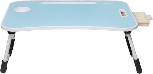 Amazon Basics Foldable Laptop Table with Cup Holder, Tablet Groove and Mini Drawer (Blue)