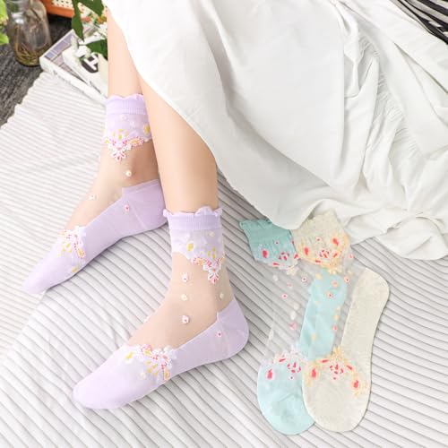 DXYAKY 5 Pairs Womens Candy Sheer Mesh Socks, Transparent Floral Lace Socks for Ladies Ankle Ruffle Fishnet Summer Stockings4