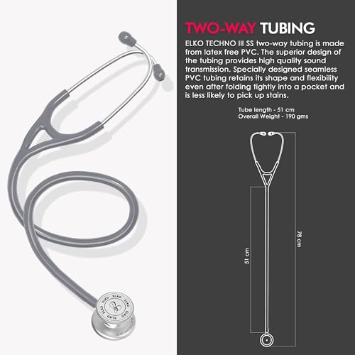 Image of ELKO TECHNO III SS Stainless Steel Stethoscope with ENGRAVING | Engrave Your Name or Initials on the Chest Piece | Lightweight Double-Sided Stainless Steel Chest piece | Two-Way PVC Tubing | Ideal for Doctors & Medical Students (Grey)