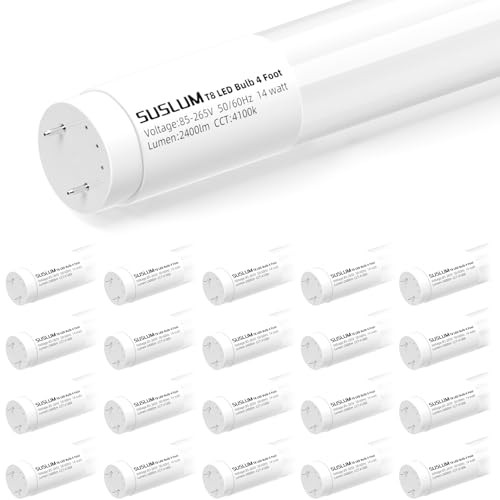 Image of SUSLUM 20 Pack T8 LED Bulbs 4 Foot, Type A+B Hybrid Replacement for F32T8 Fluorescent Tube, 14W (32W Equivalent), 4100K Cool White, 2400 Lumens, Shatter Resistant Frosted Cover, G13 Base