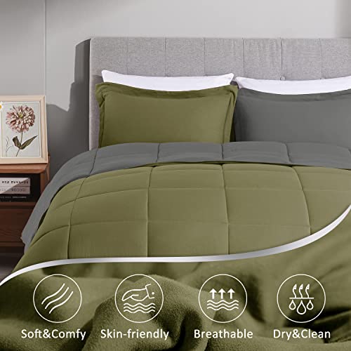 Lovtex 3Pcs Queen Comforter Set - Ultra Soft Washed Microfiber Comforter Sets For Queen Bed - Reversible Down Alternative Comforter With 2 Pillow Shams(Olive/Charcoal) #TOP4