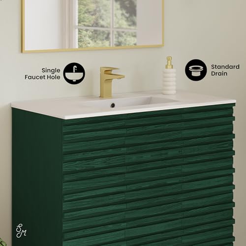 Image of Swiss Madison Cascade 36 inch Freestanding Bathroom Vanity in Green Oak with Sink Top