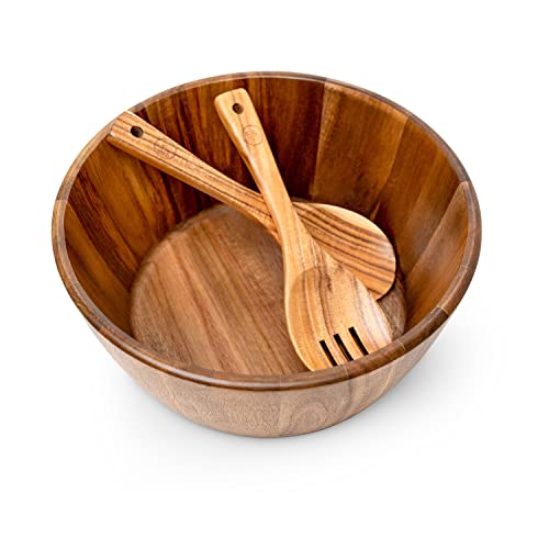 E&Wes Co Large Solid Wood Salad Bowl Set 12-Inch Diameter With Wooden Utensils Spoon And Fork - Bowls Great For Mixing #TOP1