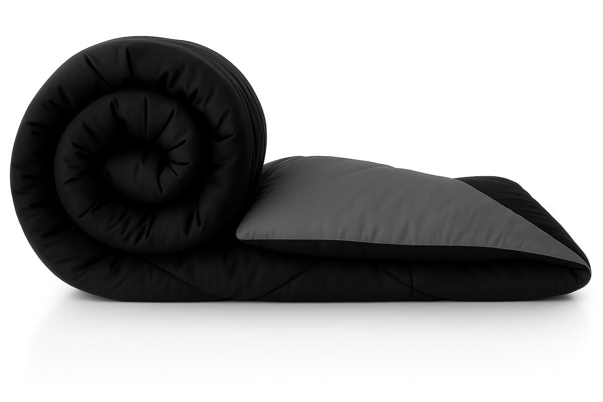 Reversible Comforter 120 GSM | Solid Microfiber AC Quilt/Rajai | Lightweight 3-Layer Quilted Blanket | Single Size 60x90 Inch, All Season (Black & Dark Grey)-image-35