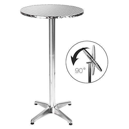 BAKAJI Tavolino in Alluminio per Esterno Pieghevole 60 x 70/110cm Regolabile in Altezza Tavolo Bistrot Ripiano Top in Acciaio Inox Rotondo per Bar Casa Giardino Ristorante Silver