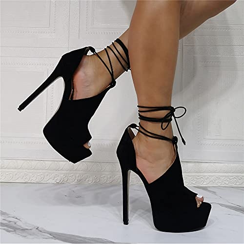 High Heels Offene Zehen Stilettos Plateau Sandalen Riemchen Ankle Sandalen Abendkleid Schuhe-Black||38 - Afbeelding 3