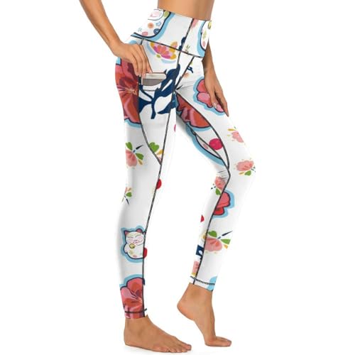 Legging taille haute chat à fleurs pantalon extensible S - 4