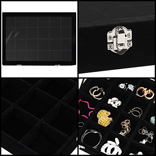 BELLE VOUS Bandeja Organizador de Joyas Terciopelo Negro con 24 Secciones Ajustables y Tapa de Cristal - Joyero Exhibidor Apilable - Joyero Pendientes, Collares, Aretes, Brazaletes y Relojes - imagen 5