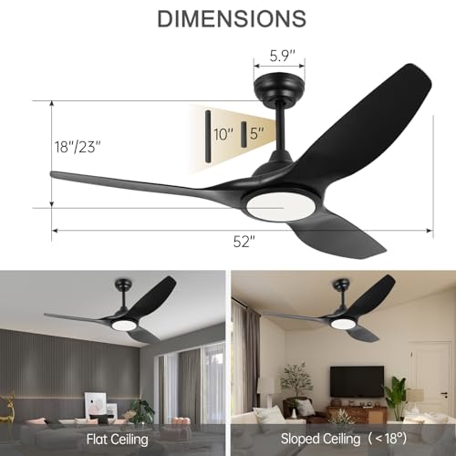 Image of 52 Inch High CFM Quiet Modern Black Ceiling Fan with Lights Remote Control