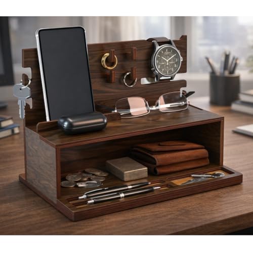 Image of Executive Wooden Docking Station for Men | Mobile, Glasses & Wallet Organizer with Key Hooks and Storage Shelf | Luxury Desk Organizer for Office & Bedside Table | Size: 11 x 8 x 6 Inch