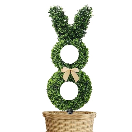 Topiario en forma de conejo, árboles artificiales resistentes a los rayos UV con estaca de tierra, vegetación vegetal en maceta para decoraciones de Pascua, jardín, patio, porche, césped, granja