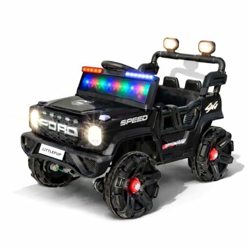 Image of Little Pup 4x4 Electric Jeep Ride-on Car for Kids, 12V Battery Powered, Red Plastic, Remote Control, Bluetooth Music, LED Lights, Manual Drive, Ages 1-6 Years (Black)