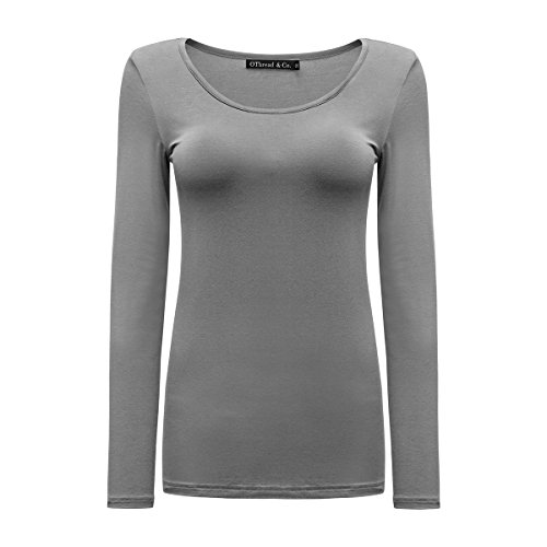 OThread & Co. Women's Long Sleeve T-Shirt Scoop Neck Basic Layer Stretchy Shirts (Small, Grey)