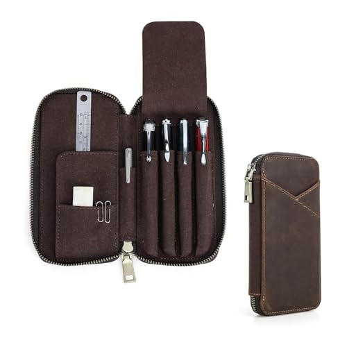 Hiram Handmade 4-Pen Case Triple-Zip Crazy-Horse Leather Pouch with Microfiber Suede Lining Heart-Stamped Fountain/Ballpoint Box Vintage Executive Stationery Storage(Coffee)