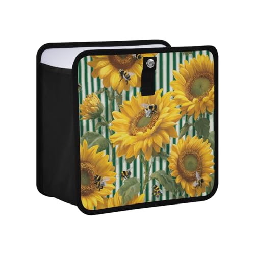 Image of Car Trash Can Organizer Bin with Adjustable Strap for Back Front Seat Console Waterproof Leakproof Collapsible Portable 8.66 Inch Green Striped Sunflowers and Honey Bees
