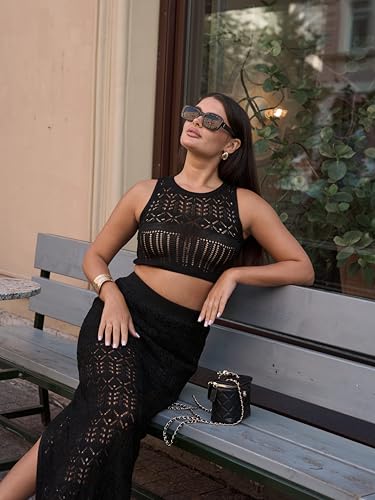 Eluwe Black Maxi Skirt & Top, Two Piece Summer Set, Womens 2 Piece Outfits, Long Skirt, Womens Business Casual Clothing4