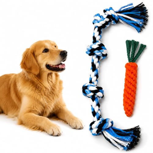Image of Dog Rope Toys for Large /Medium Aggressive Chewers Tough Rope Chew Toy with Easy Hold Handle, Indestructible Natural Cotton Tug Rope (2-Piece Rope)
