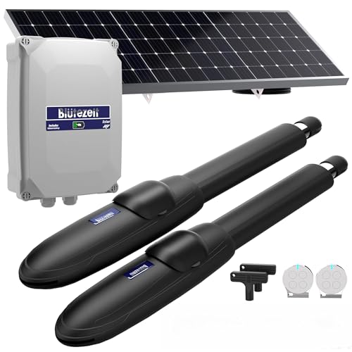 Image of Blutezeit Solar Swing Gate Opener, 1760lb Dual-Arm Operator with Built-in 24V Lithium Battery & 25W Solar Panel, Integrated Control Box for Easy Install, Smart Auto Setting, 2 Remotes & Complete Kits