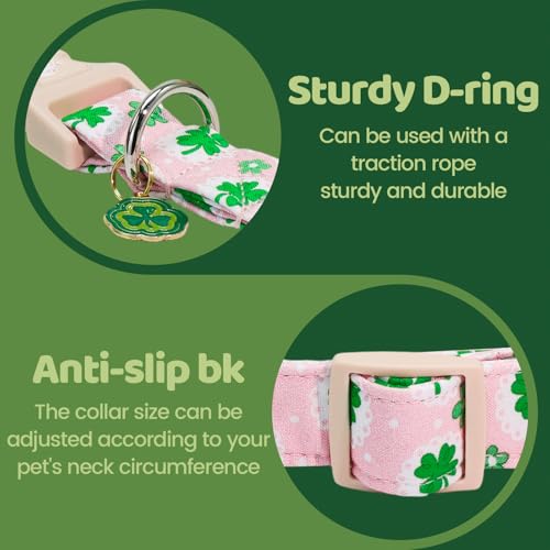 Image of St Patrick's Pink Four-Leaf Clover Dog Collar for Large Dogs | Daily Walks,Irish Parade,Spring Picnic Hiking,Adjustable,Soft Cotton Fabric,Quick Release Plastic Buckle,Pendant,Female Dog