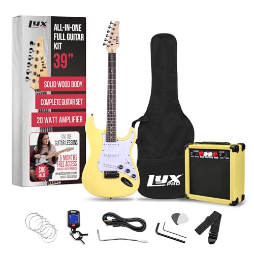 Image of LyxPro 39 inch Electric Guitar Kit Bundle with 20w Amplifier, All Accessories, Digital Clip On Tuner, Six Strings, Two Picks, Tremolo Bar, Shoulder Strap, Case Bag Starter kit Full Size - Retro Yellow