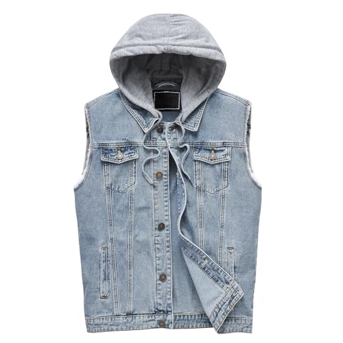 Heihuohua Men's Hooded Denim Vest Classic Stretchy Trucker Sleeveless Jean Jacket