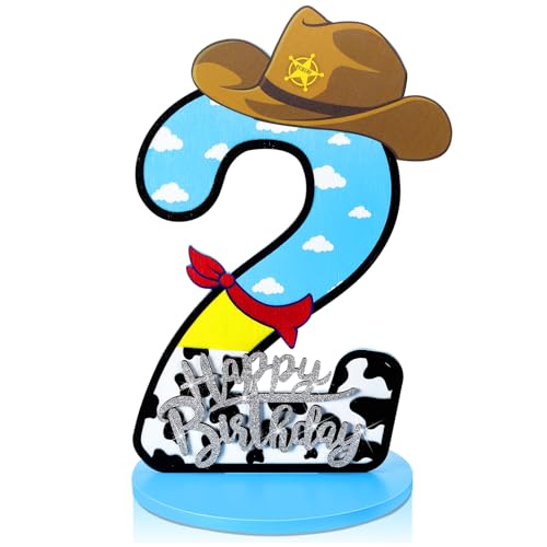 Vercraft Toy Theme 2th Birthday Party Number Centerpiece Cartoon Party Number Sign Blue Sky and White Cloud Cow Birthday Sign for Boy and Girl Decor
