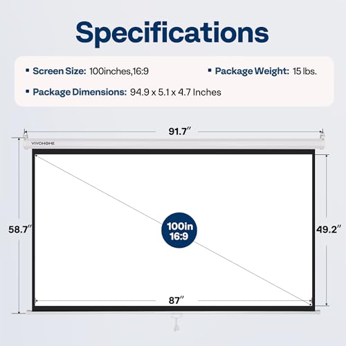 image for VIVOHOME Projector Screen Pull Down, 16:9 100 Inch Retractable Project