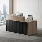 Modern Reception Desk with Elevated Countertop, Wood Front Counter with Black Vertical Slatted Front Panel & Storage for Office Lobby, Salon, Retail, and Clinic (72
