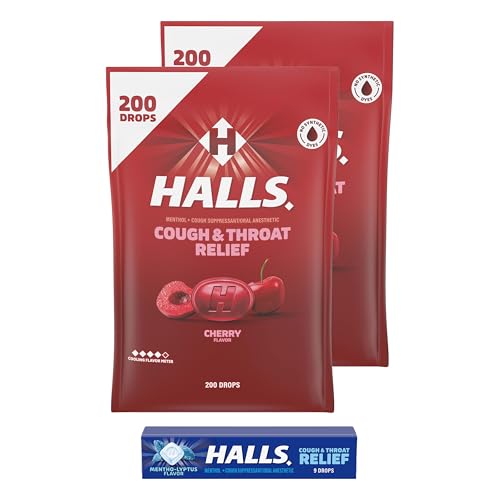 HALLS Relief Cherry Cough Drops, 2 Value Packs (400 Total Drops) + Bonus 9 Count HALLS Relief Mentho-Lyptus Cough Drops