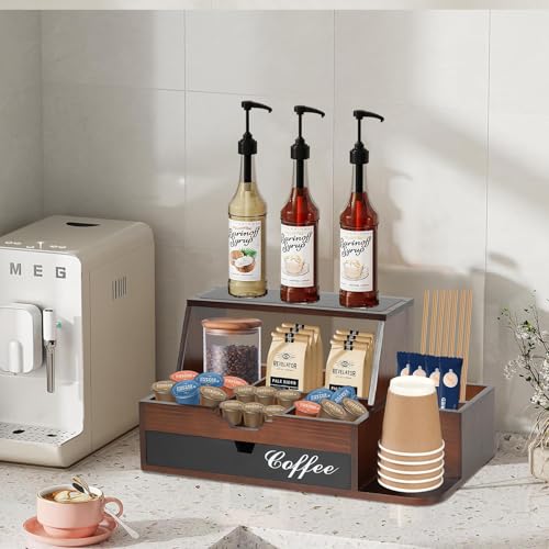 AHUONEL Farmhouse Coffee Bar Organizer, Wood Countertop With Drawer, Coffee Station Organizer for Countertop, Tea and K Cup Storage Rack