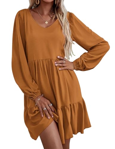 HOTOUCH Women Casual T Shirt Dress V Neck Cotton Shift Dress for Women Tiered Ruffle Dress with Pockets Women's Long Sleeve Tunic Dresses Brown Small