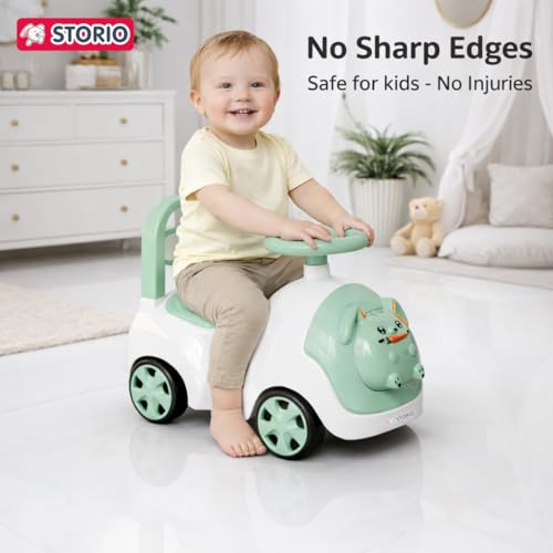 Image of Storio Rabbit Baby Ride-On Car Toy | Non-Battery Push Car for Kids with Backrest & Steering Wheel | Baby Ride On Toy for Boys & Girls 1-3 Years | Green
