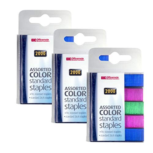 Officemate Standard Staples with 2,000 Per Box, Assorted Colors, Pack of 3 (91939)