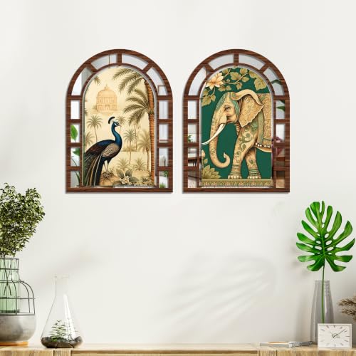 Image of Artvibes Decorative Elephant & Peacock Wall Hanging | Jharokha Mirror Wall Decor for Living Room, Bedroom, Hall, Dining Room, Foyer & Entryway | Gift (WHJ 12052N), Set of 2