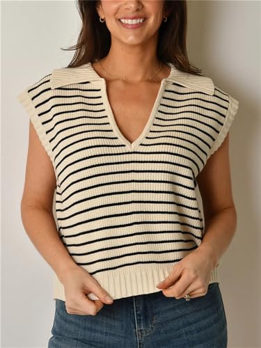 Image of Women's Casual Sleeveless Striped Pullover Sweaters V Neck Lapel Sweater Vests 2025 Fall Clothes