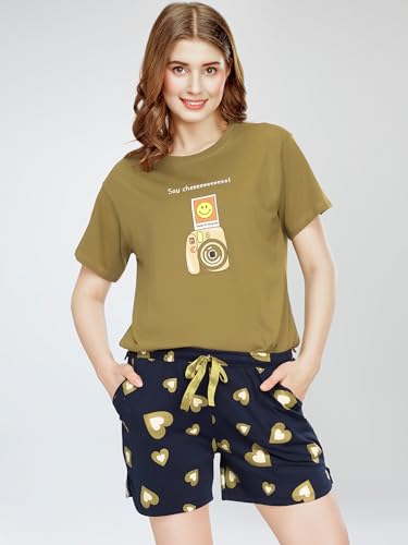 Image of ZEYO Night Suit for Women's Floral & Cheetah Printed Cotton Night Dress of Top and Short's Set 5737