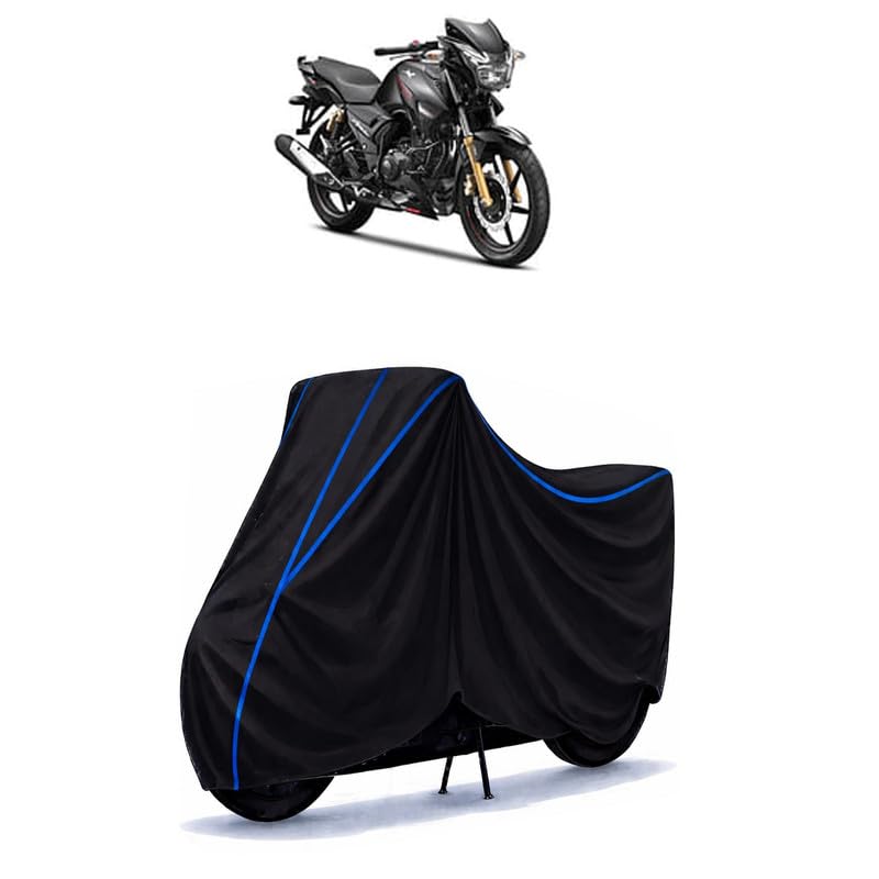 Image of TVS Apache RTR 160 2V BT E20 BS7 Bike Cover Water Resistant Universal Motorcycle Rain | Heavy Duty UV Protection, Dust, Scratch Indoor Outdoor All Weather with Black Blue Piping Elastic