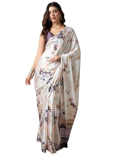 Image of AKHILAM Women's Multicolor Satin Silk Floral Printed Saree With Unstitched Blouse (SATIN1403 RJ11 Parent)