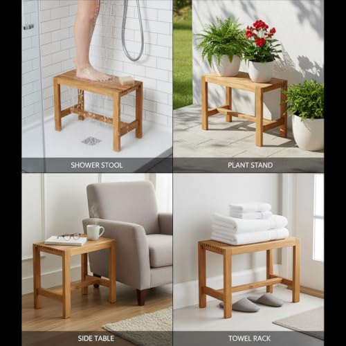Image of Wooden Shower Bench, Natural Teak, Slatted Top Design, Bathroom Stool with Storage Shelf