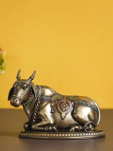 Image of eCraftIndia Handcrafted Polyresin and Bronze Nandi Statue Animal Figurine for Home, Office, Spiritual Spaces for Hindu Devotees