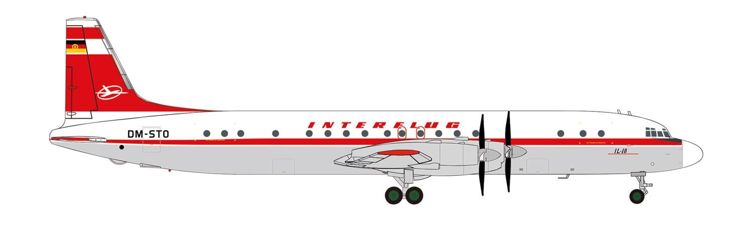 Herpa Miniatura del avión Interflug Ilyushin IL-18 – DM-STO, Escala 1/200, Modelo prefabricado, maqueta de colleción, modelismo, Avion sin Soporte, Figura Metal