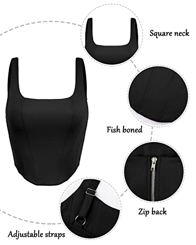 Modegal Women's Square Neck Top Fish Boned Sleeveless Zip Back Bustier Corset Crop Tank Tops #TOP5